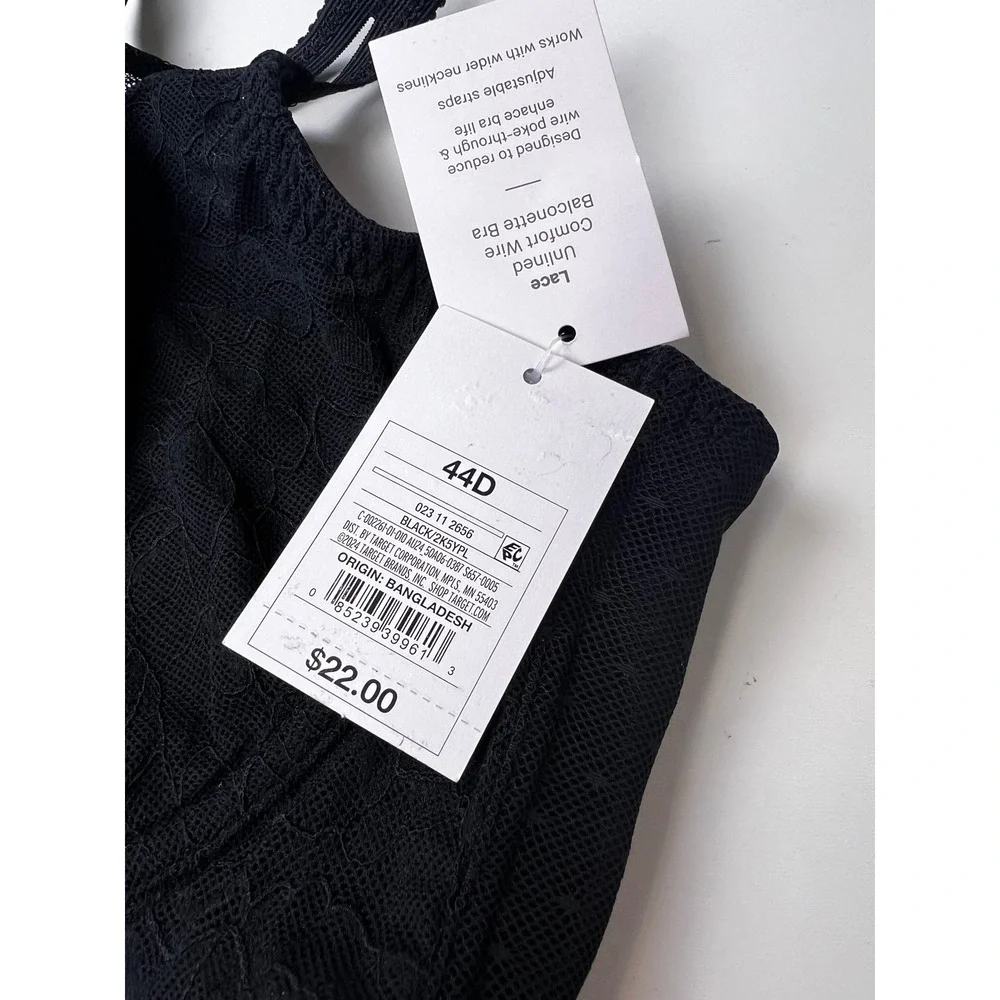 Target Lace Comfort Wire Balconette Bra Black 44D Unlined Full‎ Coverage NWT - Picture 3 of 10